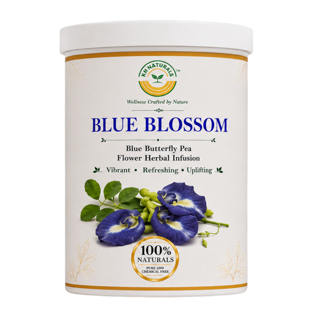 Container of Blue Blossom Blue Butterfly Pea Flower Herbal Infusion with branding on a white background